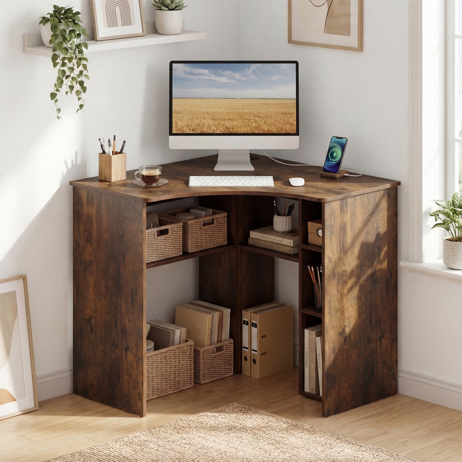 Corner Computer Desk with Adjustable Shelf, Brown Corner Desks at Gallery Canada