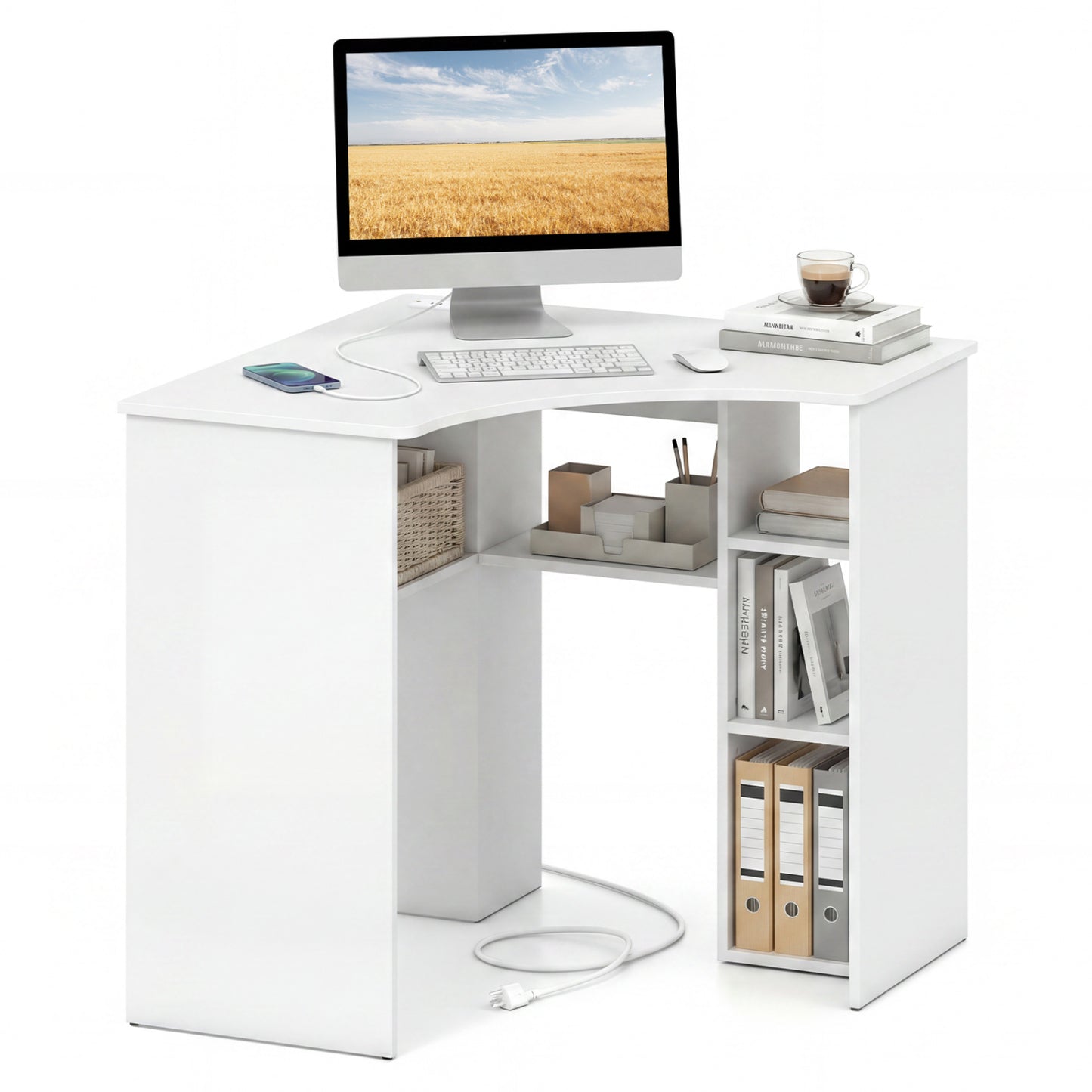 Corner Computer Desk, Triangle Office Desk, Adjustable Shelf, White Computer Desks at Gallery Canada