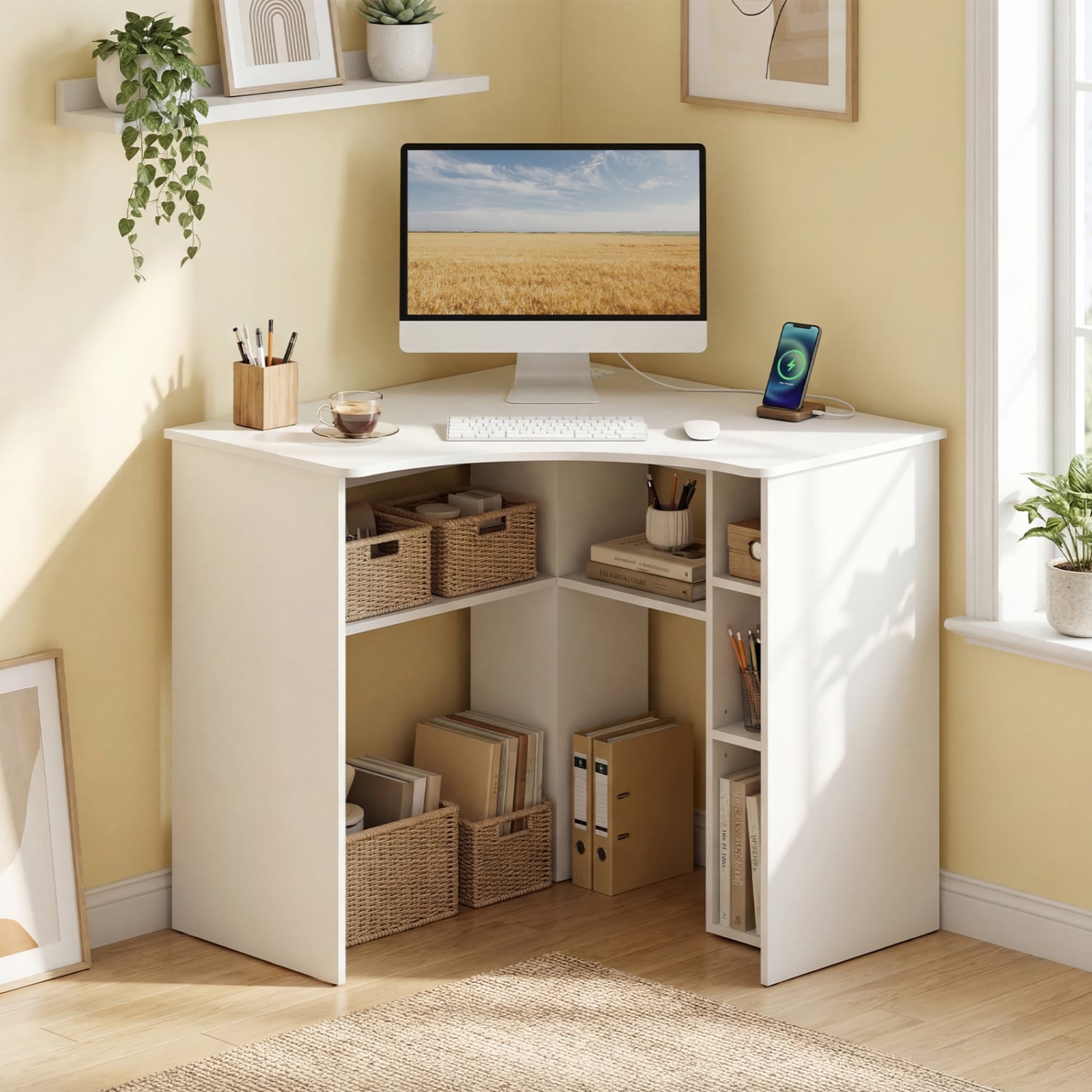 Corner Computer Desk, Triangle Office Desk, Adjustable Shelf, White Computer Desks at Gallery Canada