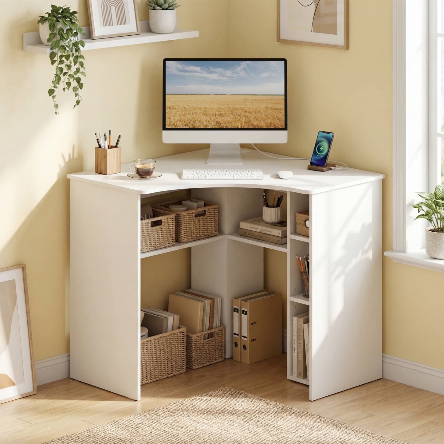 Corner Computer Desk, Triangle Office Desk, Adjustable Shelf, White Computer Desks at Gallery Canada