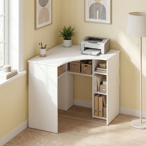Corner Computer Desk, Triangle Office Desk, Adjustable Shelf, White