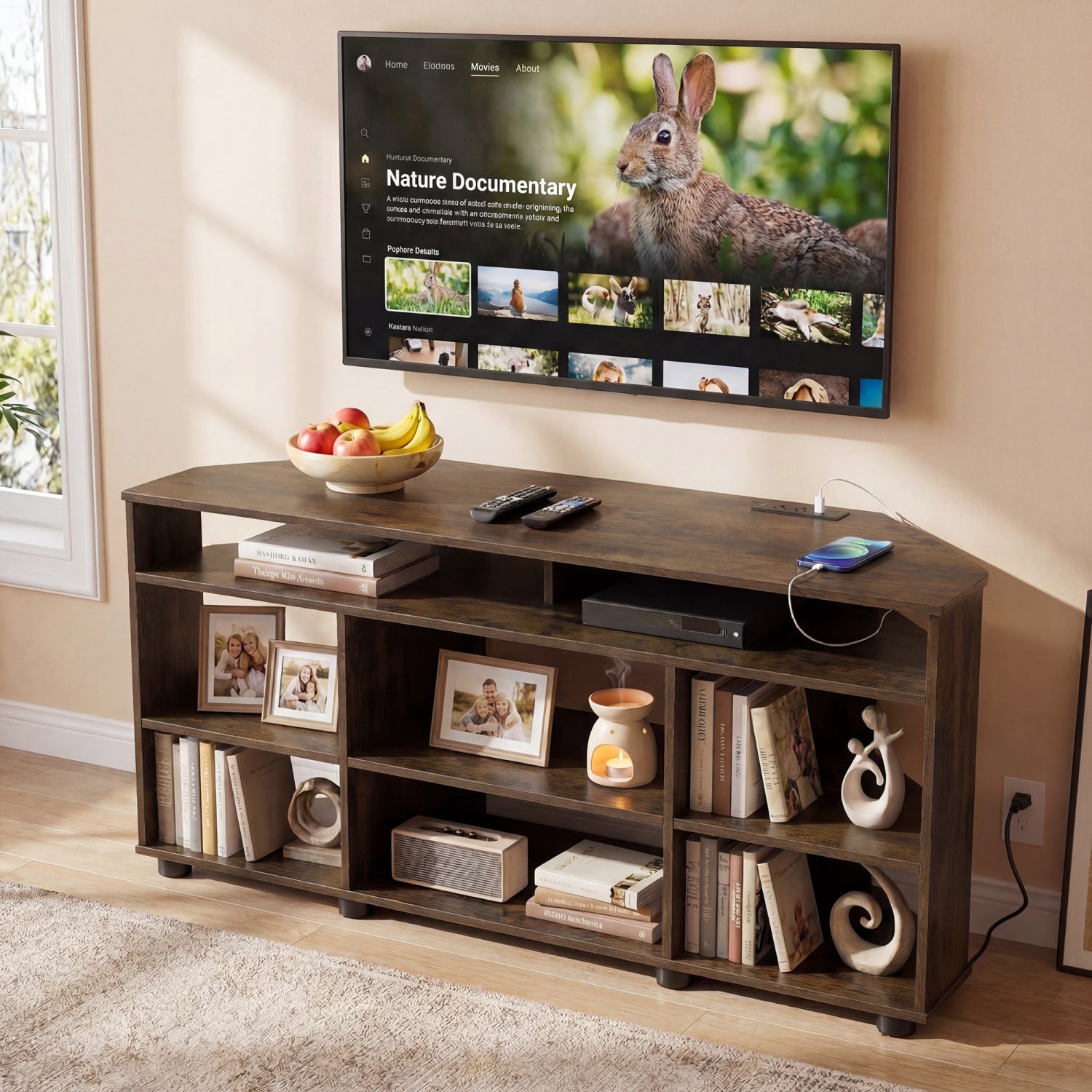 Corner Entertainment Center TV Stand for TVs up to 55 Inch, Rustic Brown Entertainment Centers & TV Stands at Gallery Canada