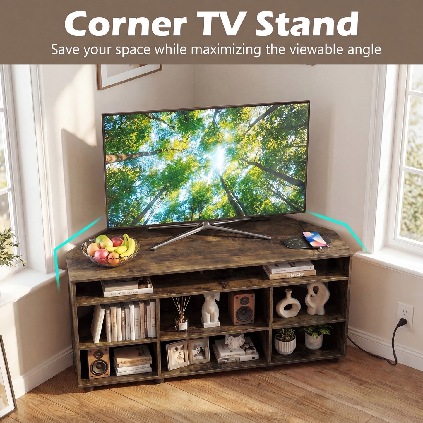 Corner Entertainment Center TV Stand for TVs up to 55 Inch, Rustic Brown Entertainment Centers & TV Stands at Gallery Canada