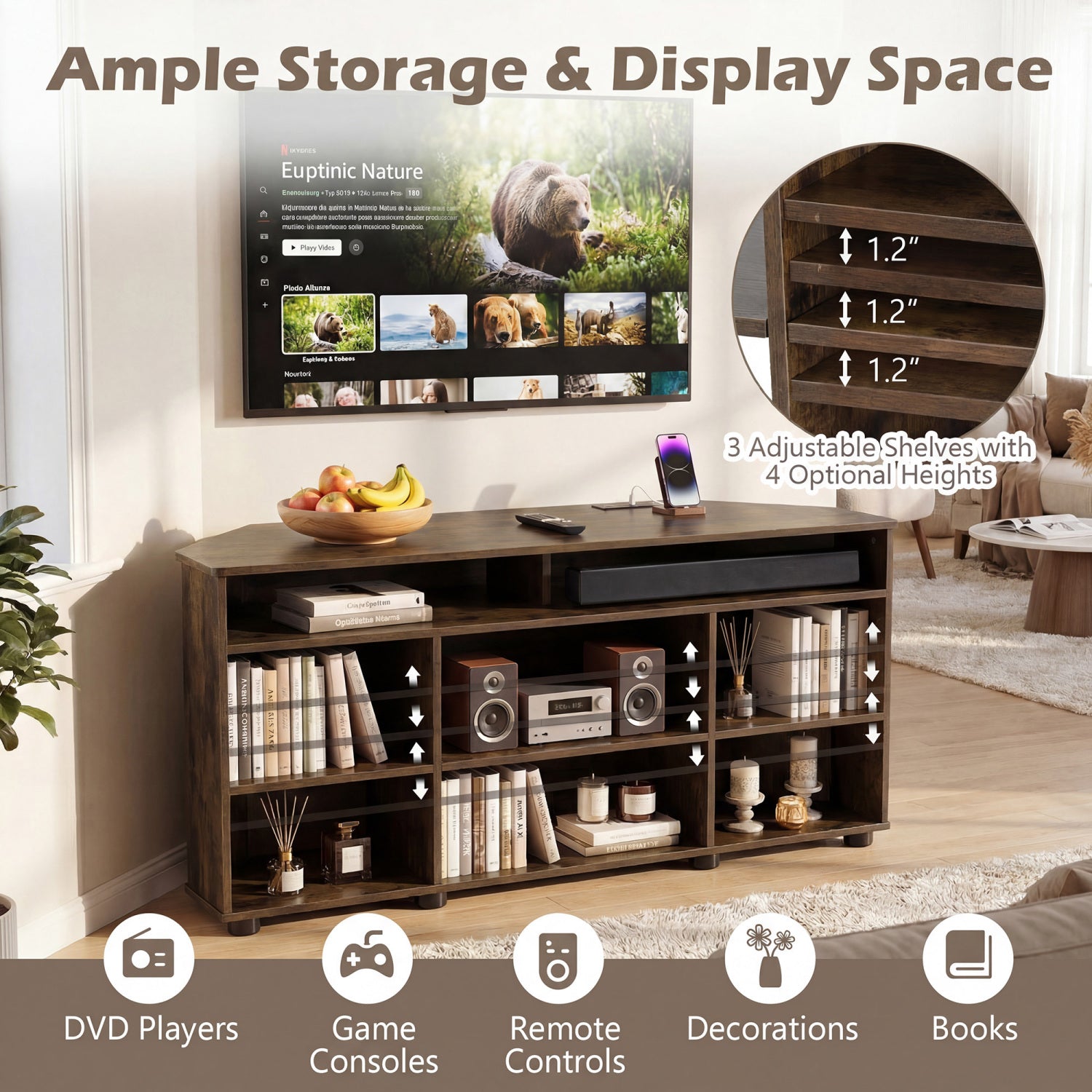 Corner Entertainment Center TV Stand for TVs up to 55 Inch, Rustic Brown Entertainment Centers & TV Stands at Gallery Canada