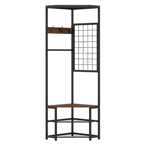 Corner Hall Tree Freestanding Coat Rack with Storage Shelves Removable Hooks, Brown