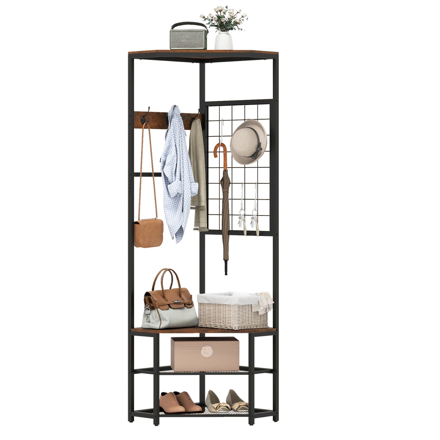 Corner Hall Tree Freestanding Coat Rack with Storage Shelves Removable Hooks, Brown Coat Racks & Hall Trees at Gallery Canada