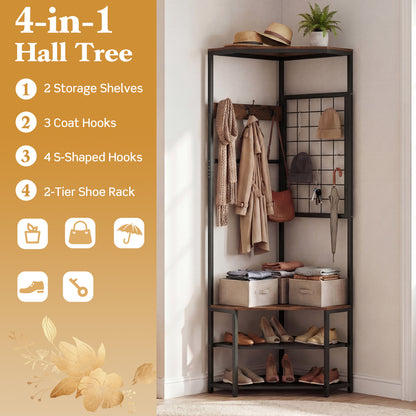 Corner Hall Tree Freestanding Coat Rack with Storage Shelves Removable Hooks, Brown Coat Racks & Hall Trees at Gallery Canada