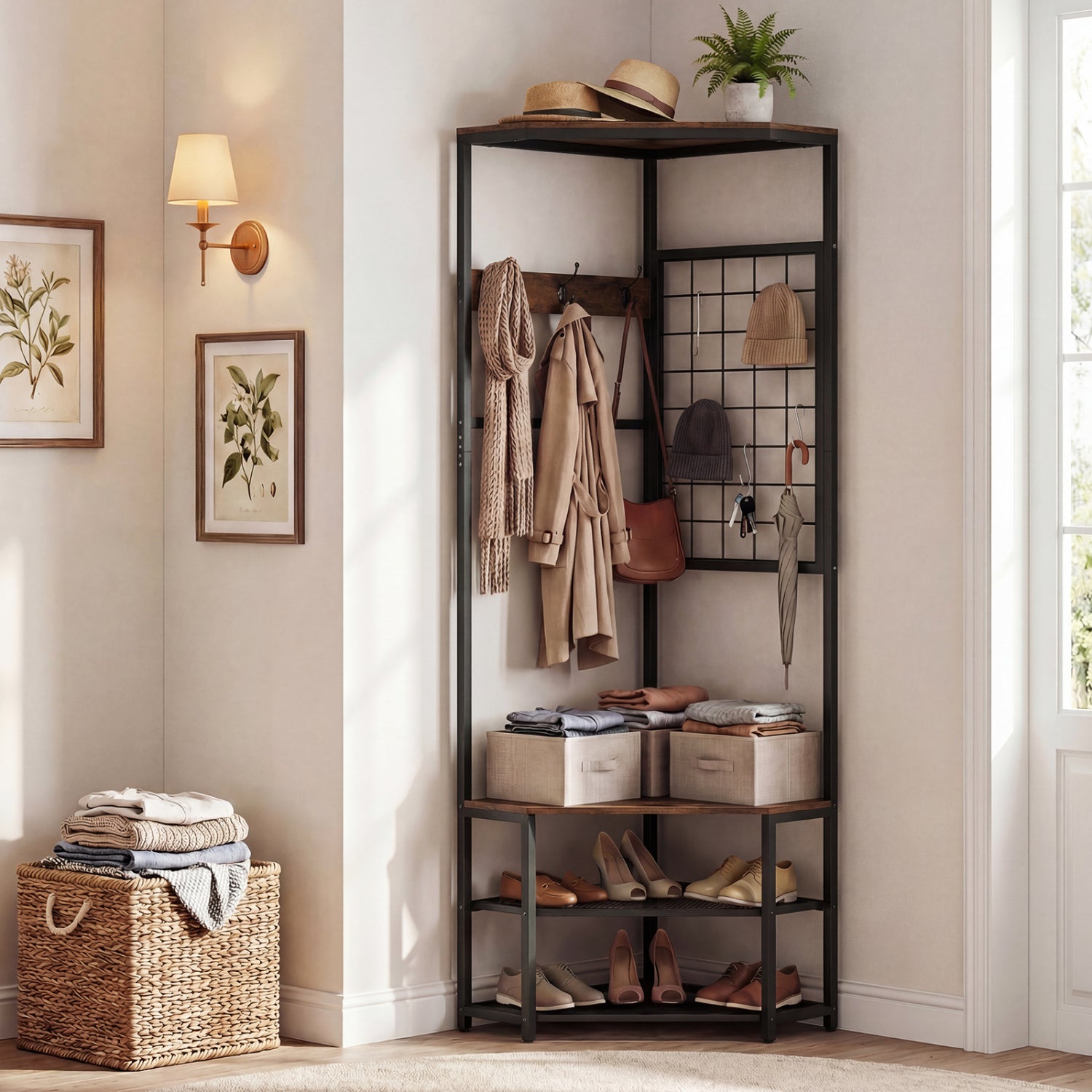 Corner Hall Tree Freestanding Coat Rack with Storage Shelves Removable Hooks, Brown Coat Racks & Hall Trees at Gallery Canada