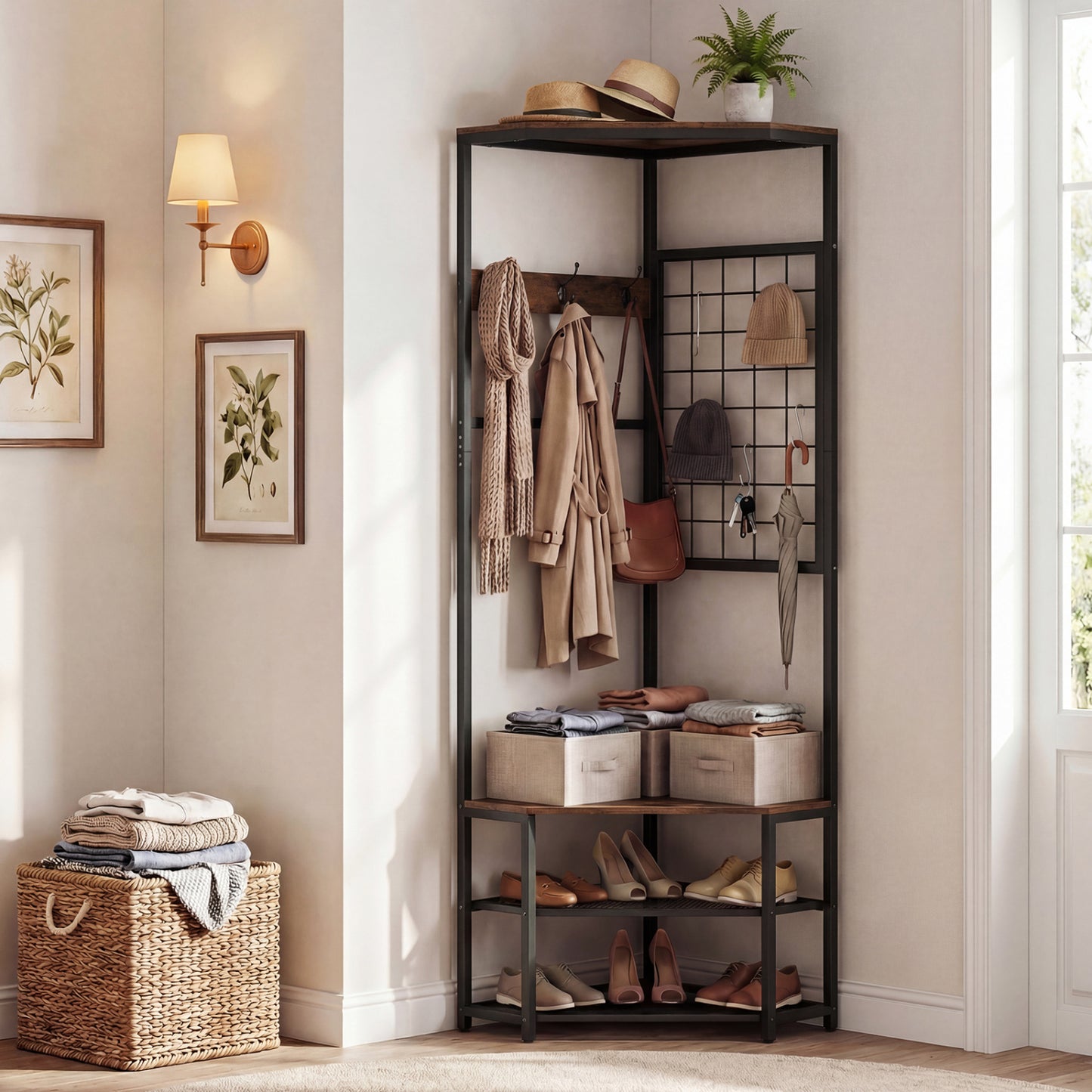 Corner Hall Tree Freestanding Coat Rack with Storage Shelves Removable Hooks, Brown Coat Racks & Hall Trees at Gallery Canada