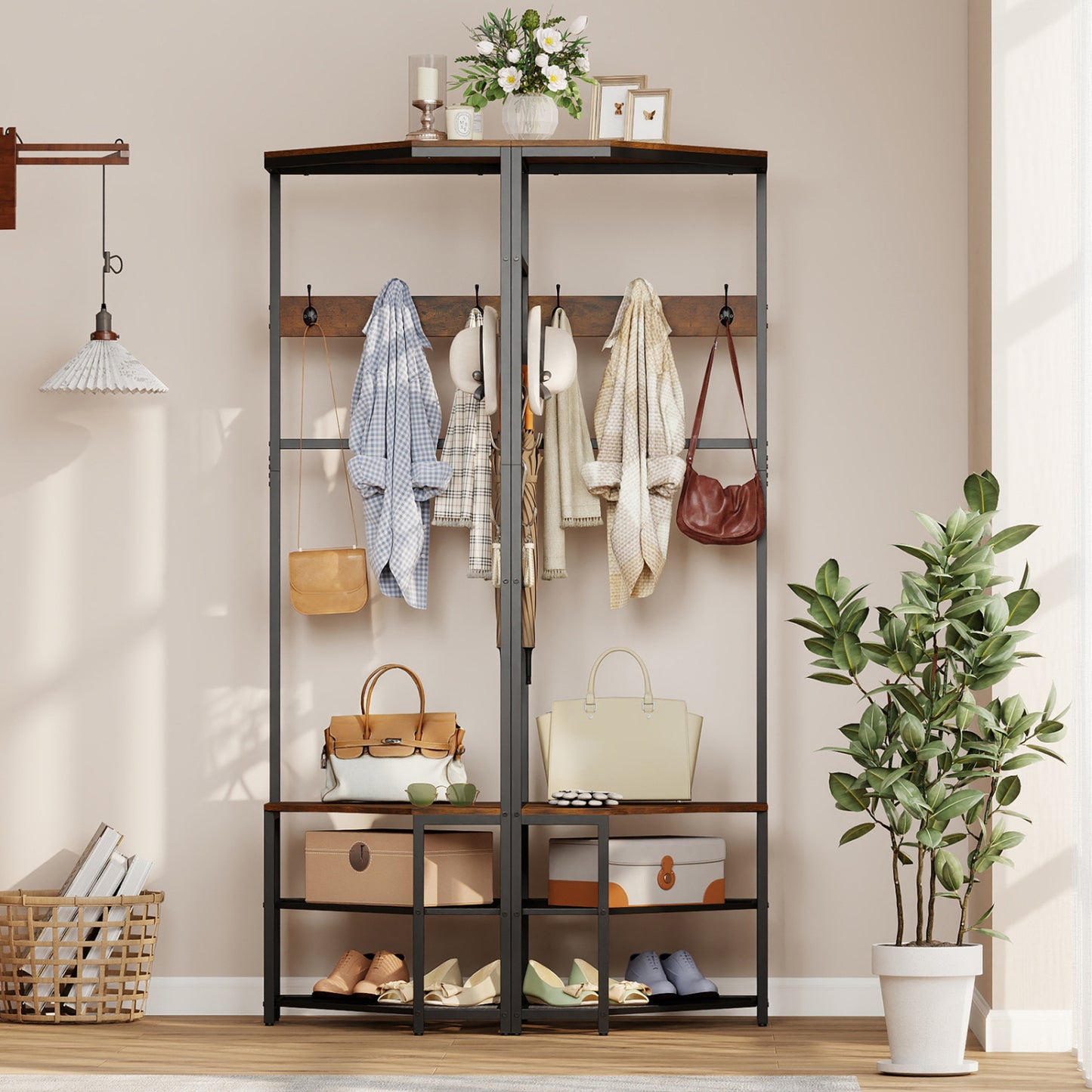 Corner Hall Tree Freestanding Coat Rack with Storage Shelves Removable Hooks, Brown Coat Racks & Hall Trees at Gallery Canada