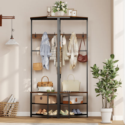 Corner Hall Tree Freestanding Coat Rack with Storage Shelves Removable Hooks, Brown Coat Racks & Hall Trees at Gallery Canada
