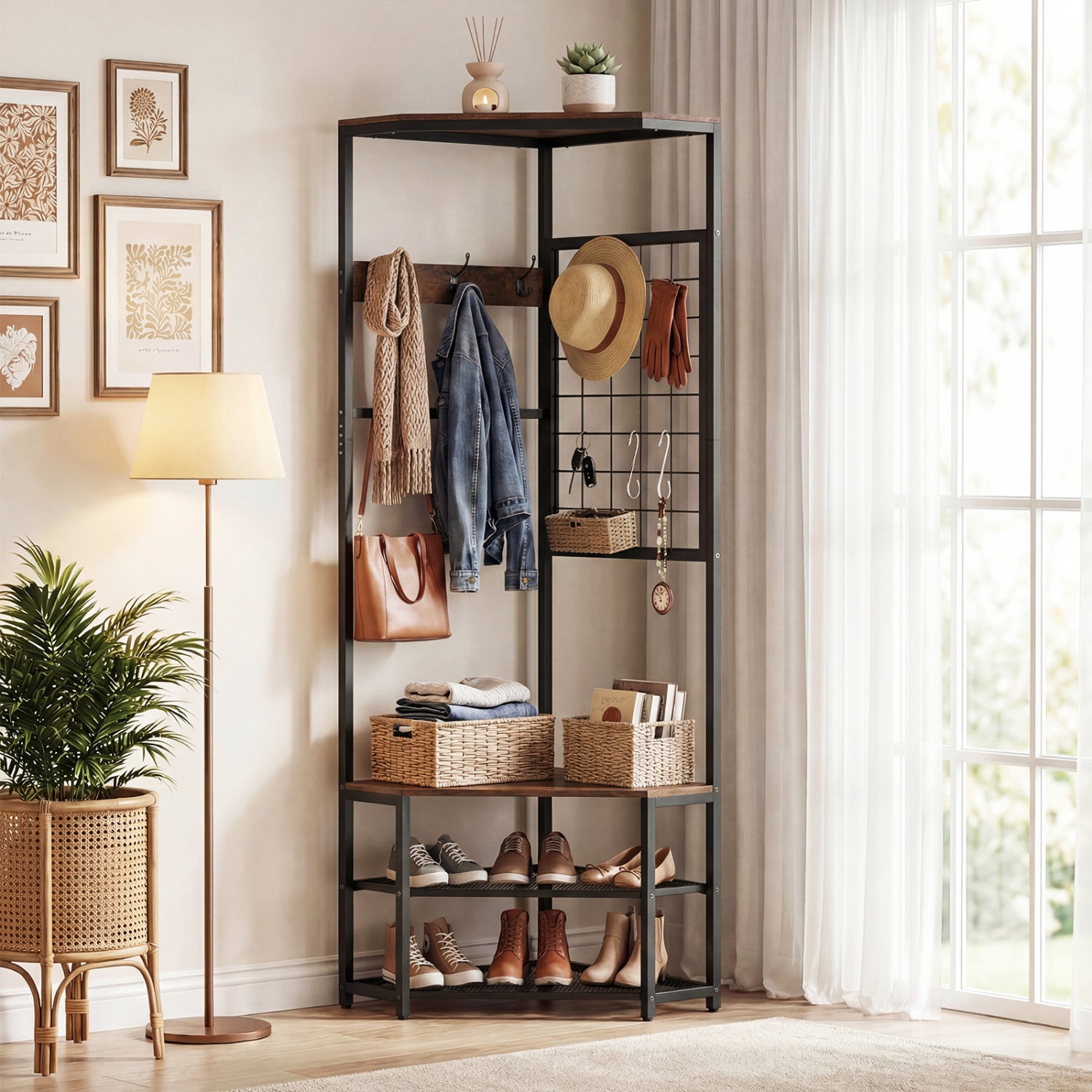 Corner Hall Tree Freestanding Coat Rack with Storage Shelves Removable Hooks, Brown Coat Racks & Hall Trees at Gallery Canada