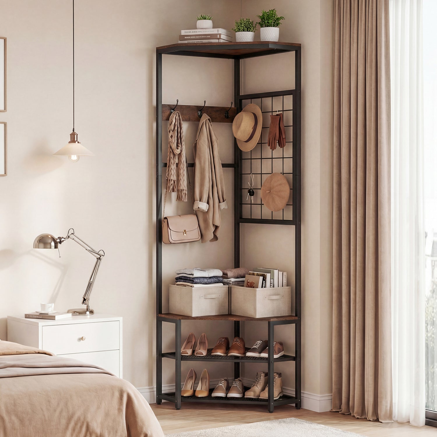 Corner Hall Tree Freestanding Coat Rack with Storage Shelves Removable Hooks, Brown Coat Racks & Hall Trees at Gallery Canada