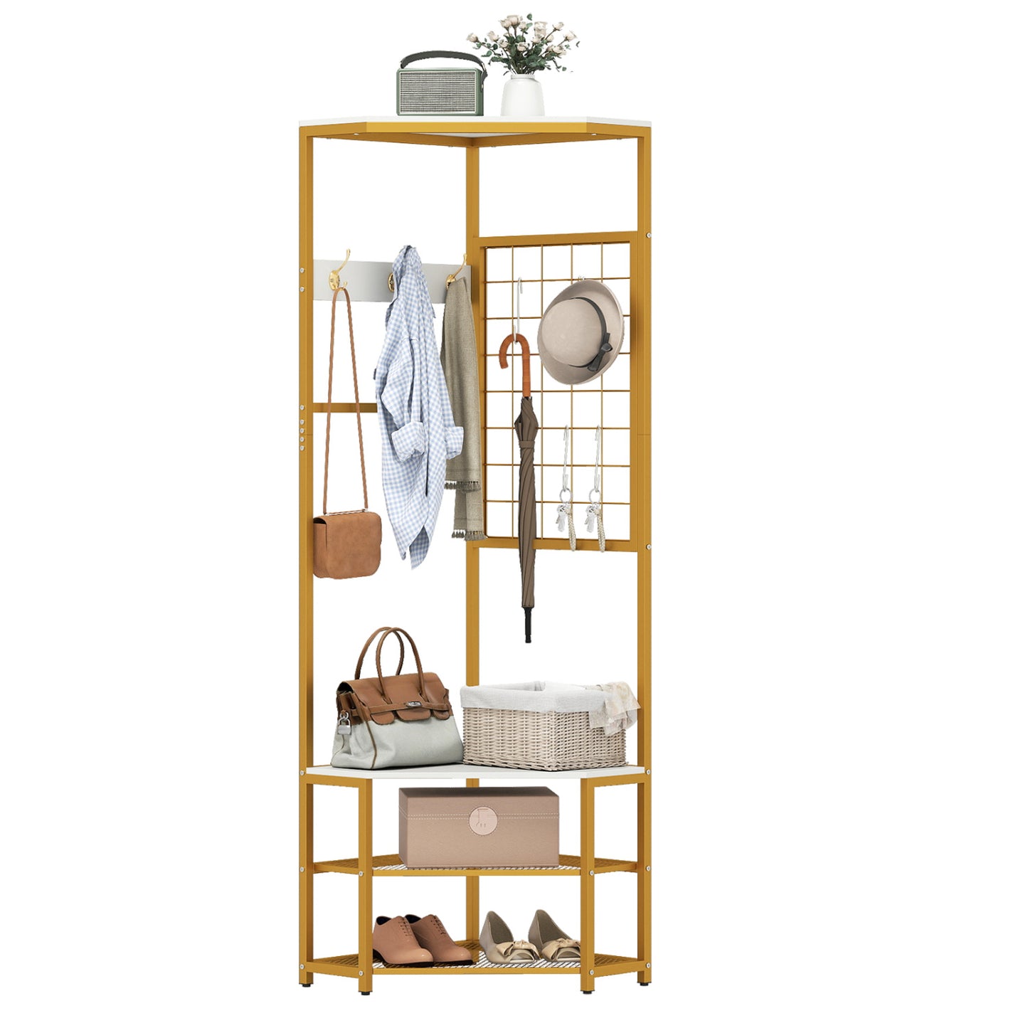 Corner Hall Tree Freestanding Coat Rack with Storage Shelves Removable Hooks, White Coat Racks & Hall Trees at Gallery Canada
