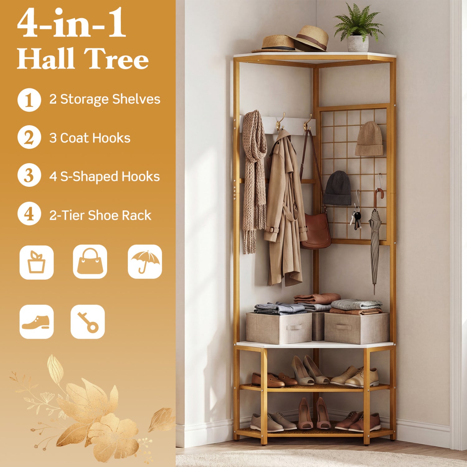 Corner Hall Tree Freestanding Coat Rack with Storage Shelves Removable Hooks, White Coat Racks & Hall Trees at Gallery Canada