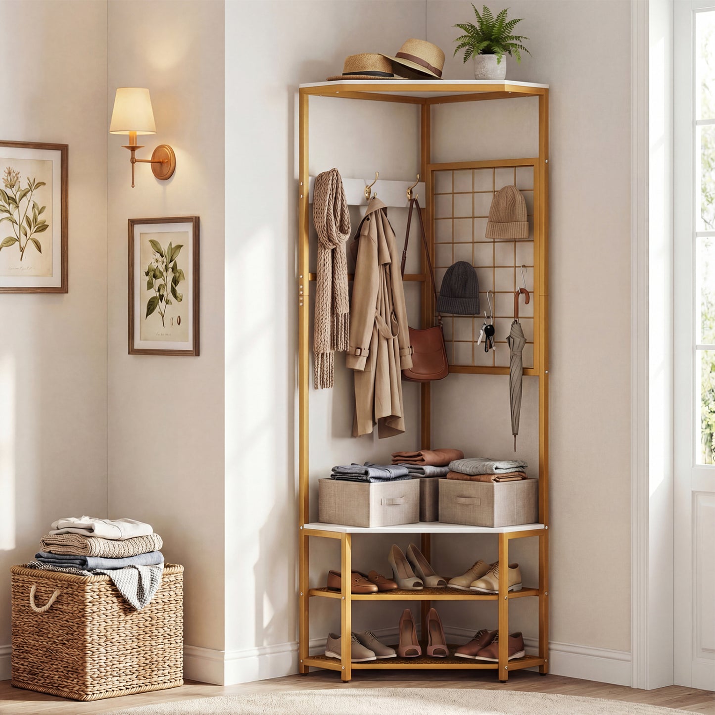 Corner Hall Tree Freestanding Coat Rack with Storage Shelves Removable Hooks, White Coat Racks & Hall Trees at Gallery Canada