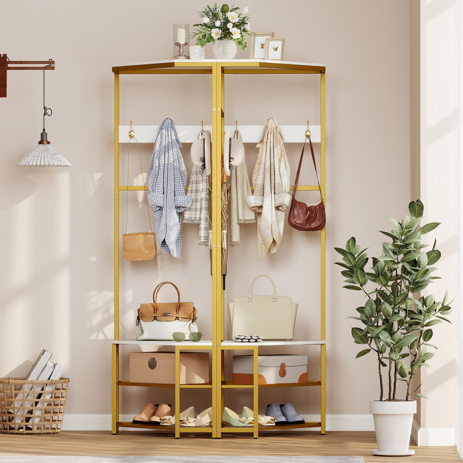 Corner Hall Tree Freestanding Coat Rack with Storage Shelves Removable Hooks, White Coat Racks & Hall Trees at Gallery Canada