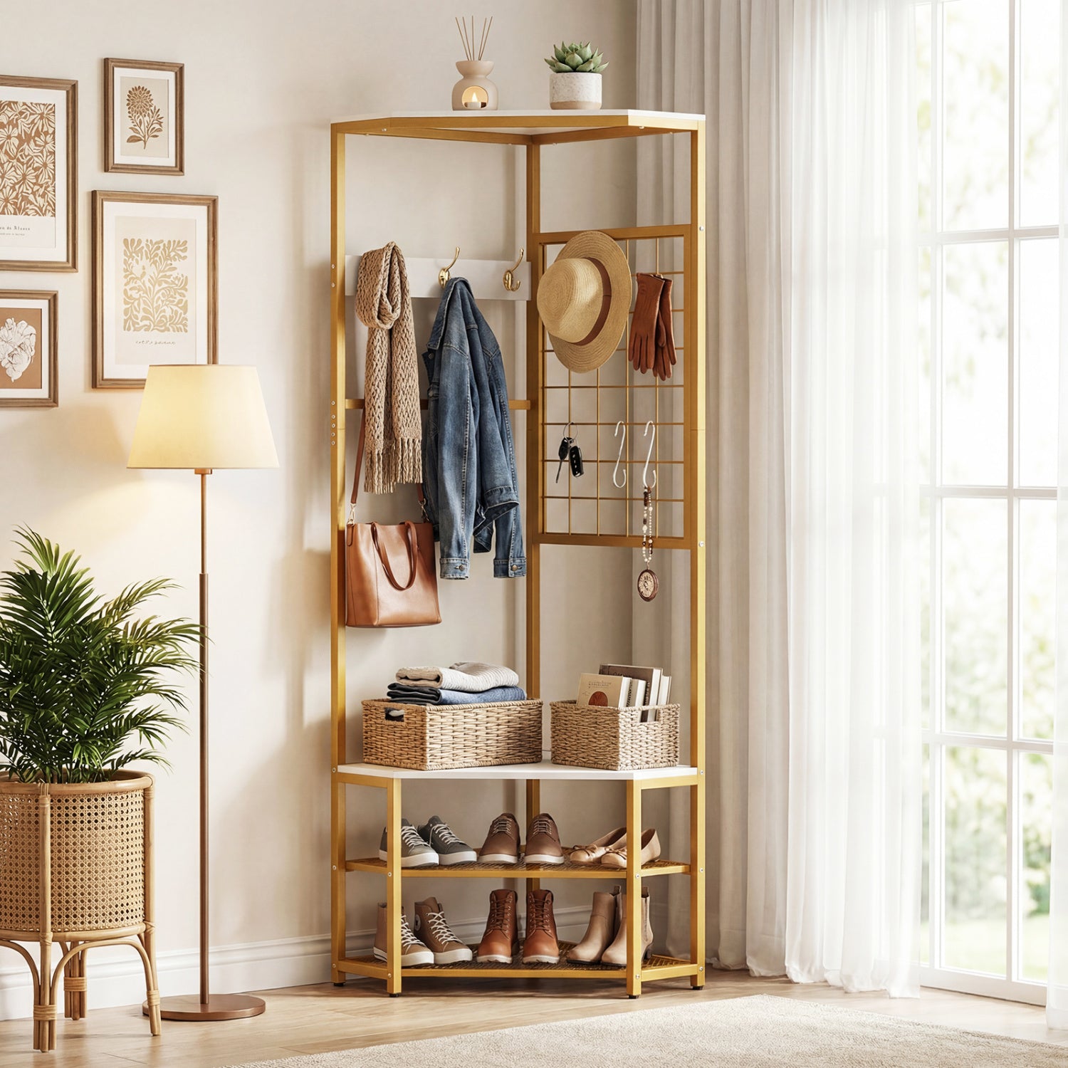 Corner Hall Tree Freestanding Coat Rack with Storage Shelves Removable Hooks, White Coat Racks & Hall Trees at Gallery Canada