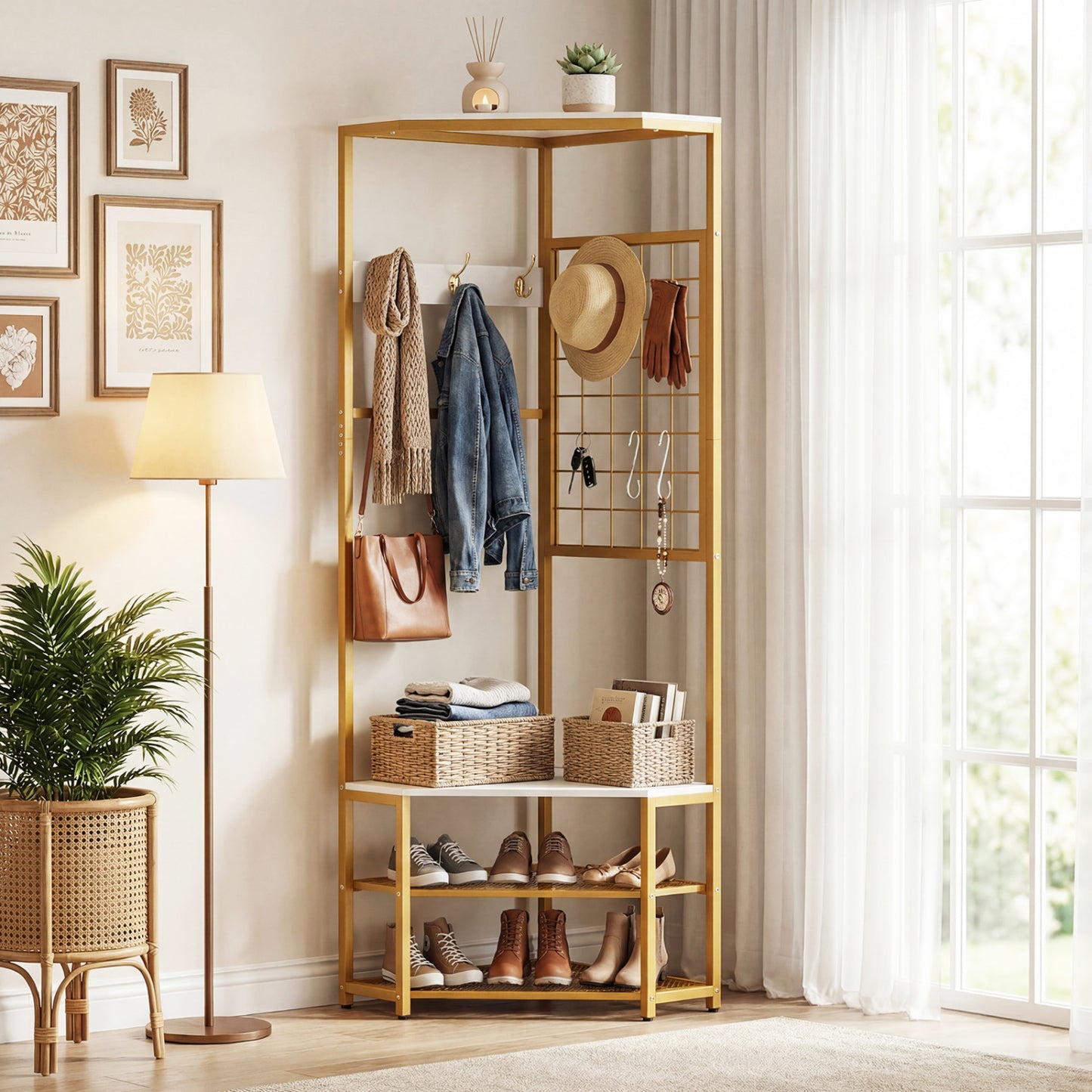 Corner Hall Tree Freestanding Coat Rack with Storage Shelves Removable Hooks, White Coat Racks & Hall Trees at Gallery Canada