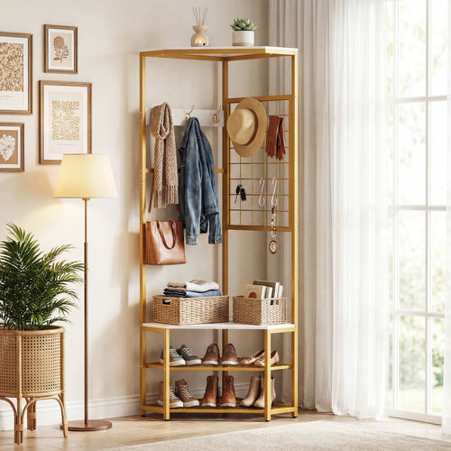 Corner Hall Tree Freestanding Coat Rack with Storage Shelves Removable Hooks, White