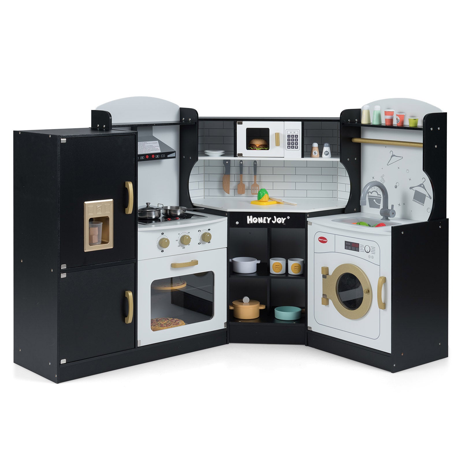 Corner Kids Play Kitchen with Washing Machine and Ice Maker Gift for Boys Girls, Black Play Kitchen Sets Black at Gallery Canada