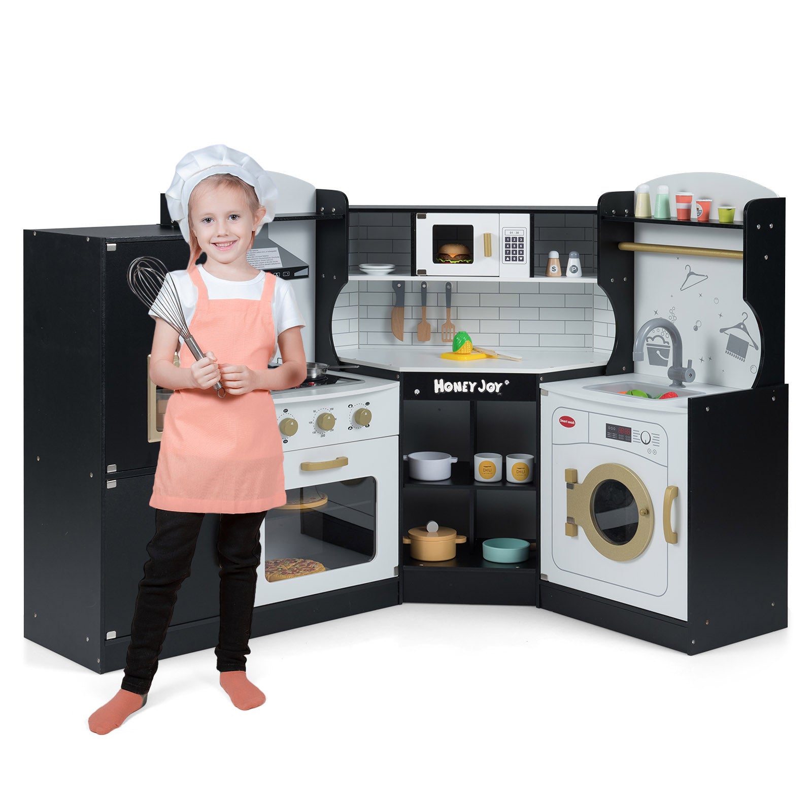 Corner Kids Play Kitchen with Washing Machine and Ice Maker Gift for Boys Girls, Black Play Kitchen Sets at Gallery Canada