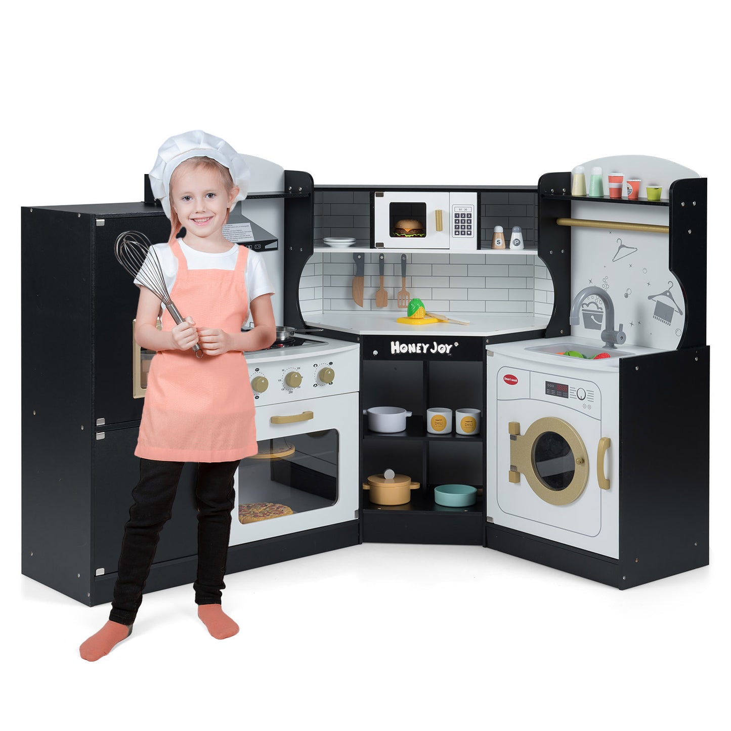 Corner Kids Play Kitchen with Washing Machine and Ice Maker Gift for Boys Girls, Black Play Kitchen Sets at Gallery Canada