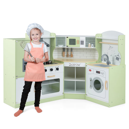 Corner Kids Play Kitchen with Washing Machine and Ice Maker Gift for Boys Girls, Green