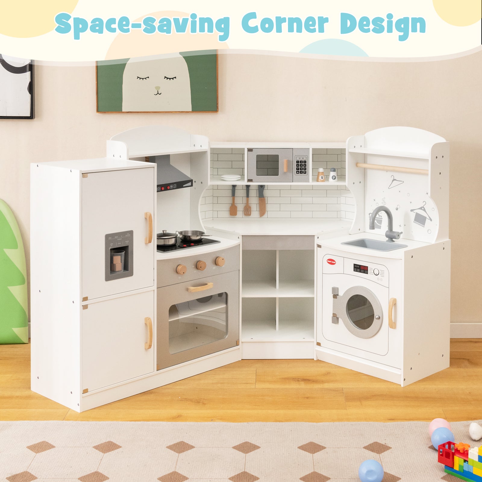 Corner Kids Play Kitchen, With Washing Machine And Ice Maker, White Play Kitchen Sets at Gallery Canada