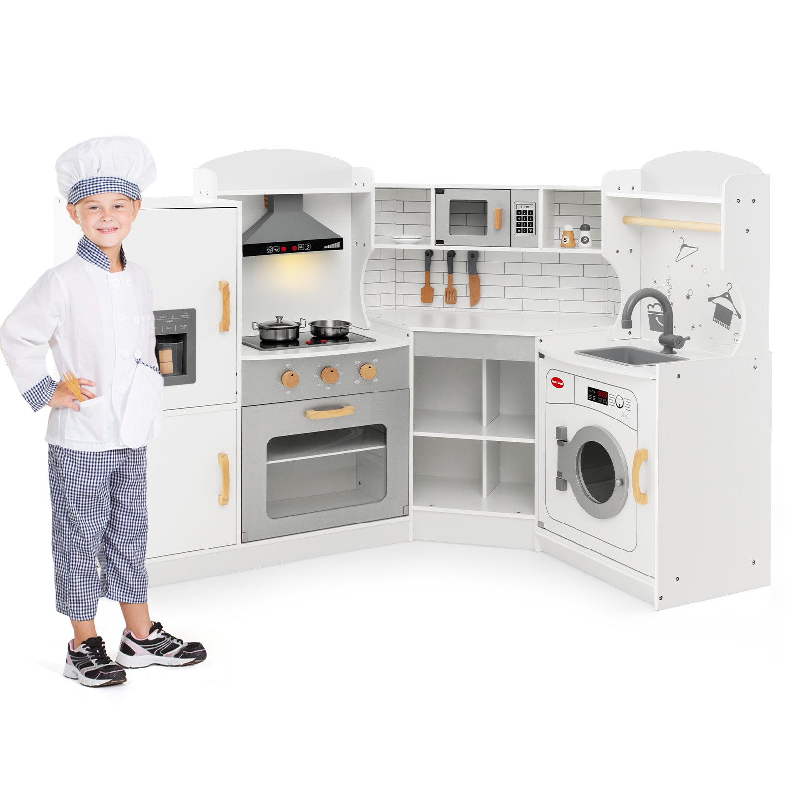 Corner Kids Play Kitchen, With Washing Machine And Ice Maker, White Play Kitchen Sets at Gallery Canada