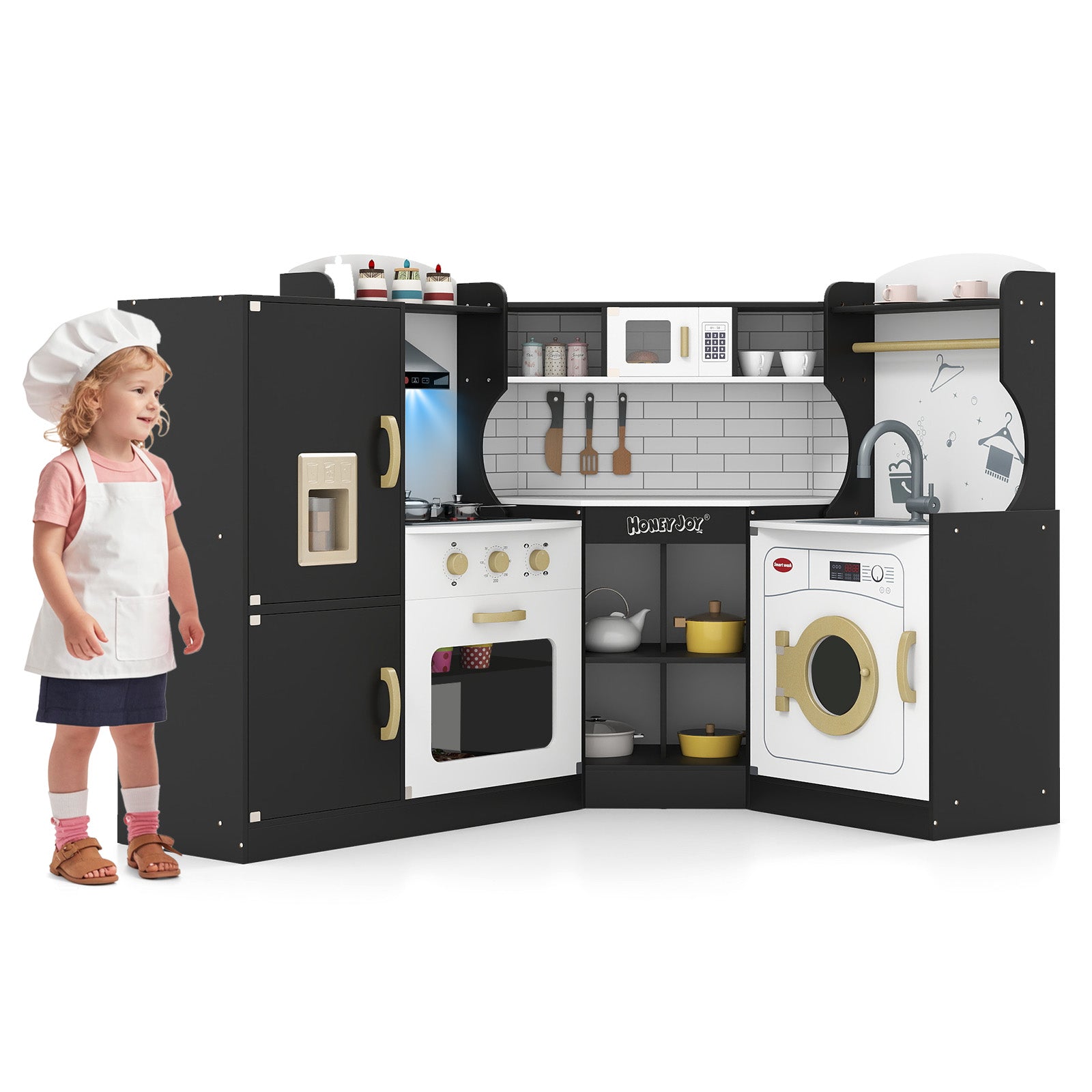 Corner Kids Play Kitchen With Washing Machine, Ice Maker, Black Play Kitchen Sets Black at Gallery Canada