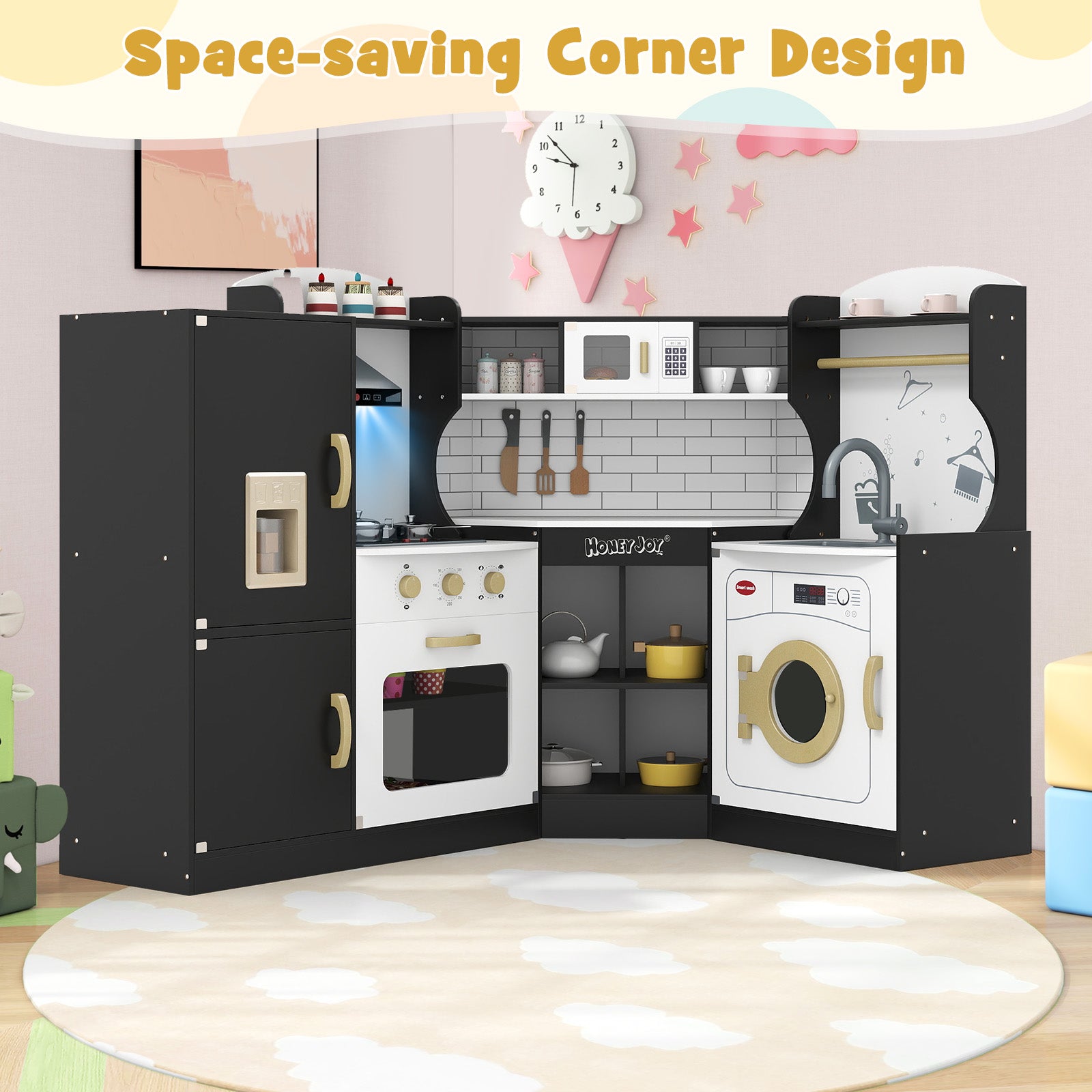 Corner Kids Play Kitchen With Washing Machine, Ice Maker, Black Play Kitchen Sets at Gallery Canada