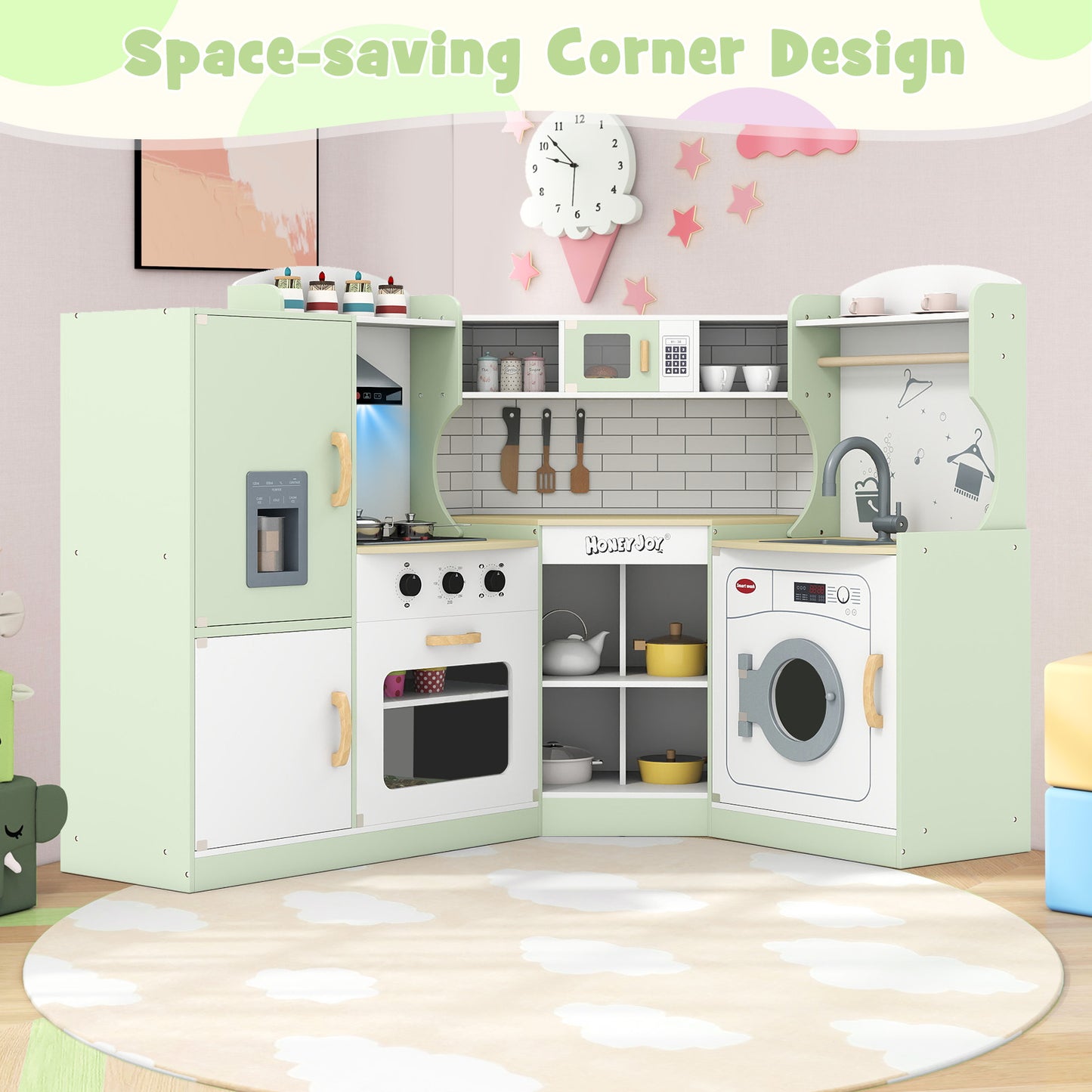 Kids Corner Play Kitchen With Washing Machine, Ice Maker, Green Play Kitchen Sets at Gallery Canada