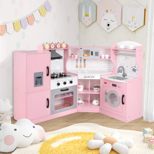 Corner Kids Play Kitchen with Washing Machine and Ice Maker Gift for Boys Girls, Pink