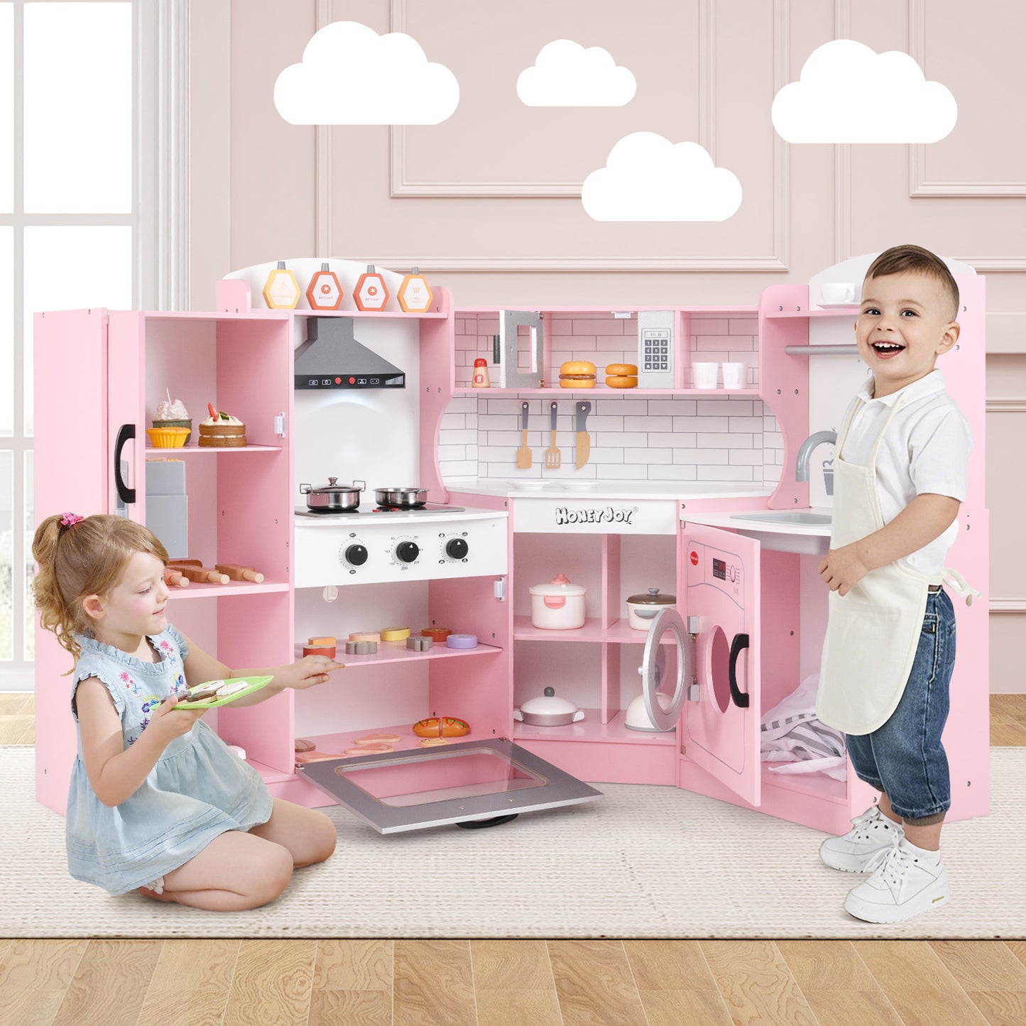Corner Kids Play Kitchen with Washing Machine and Ice Maker Gift for Boys Girls, Pink Play Kitchen Sets at Gallery Canada