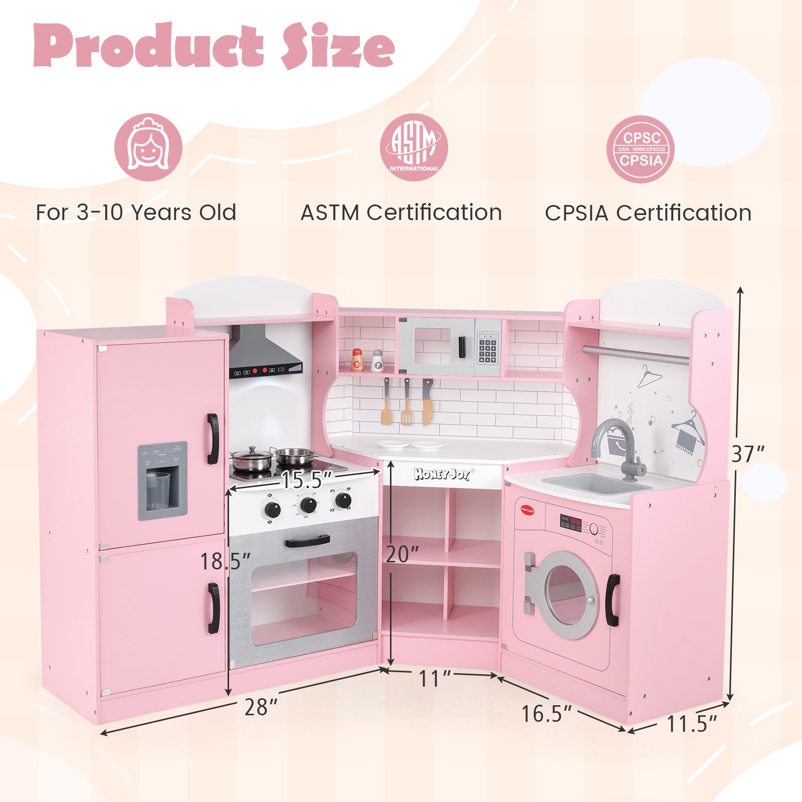 Corner Kids Play Kitchen with Washing Machine and Ice Maker Gift for Boys Girls, Pink Play Kitchen Sets at Gallery Canada