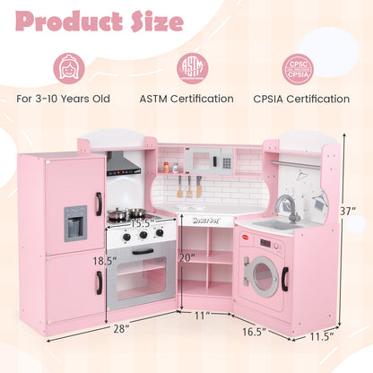 Corner Kids Play Kitchen with Washing Machine and Ice Maker Gift for Boys Girls, Pink Play Kitchen Sets at Gallery Canada