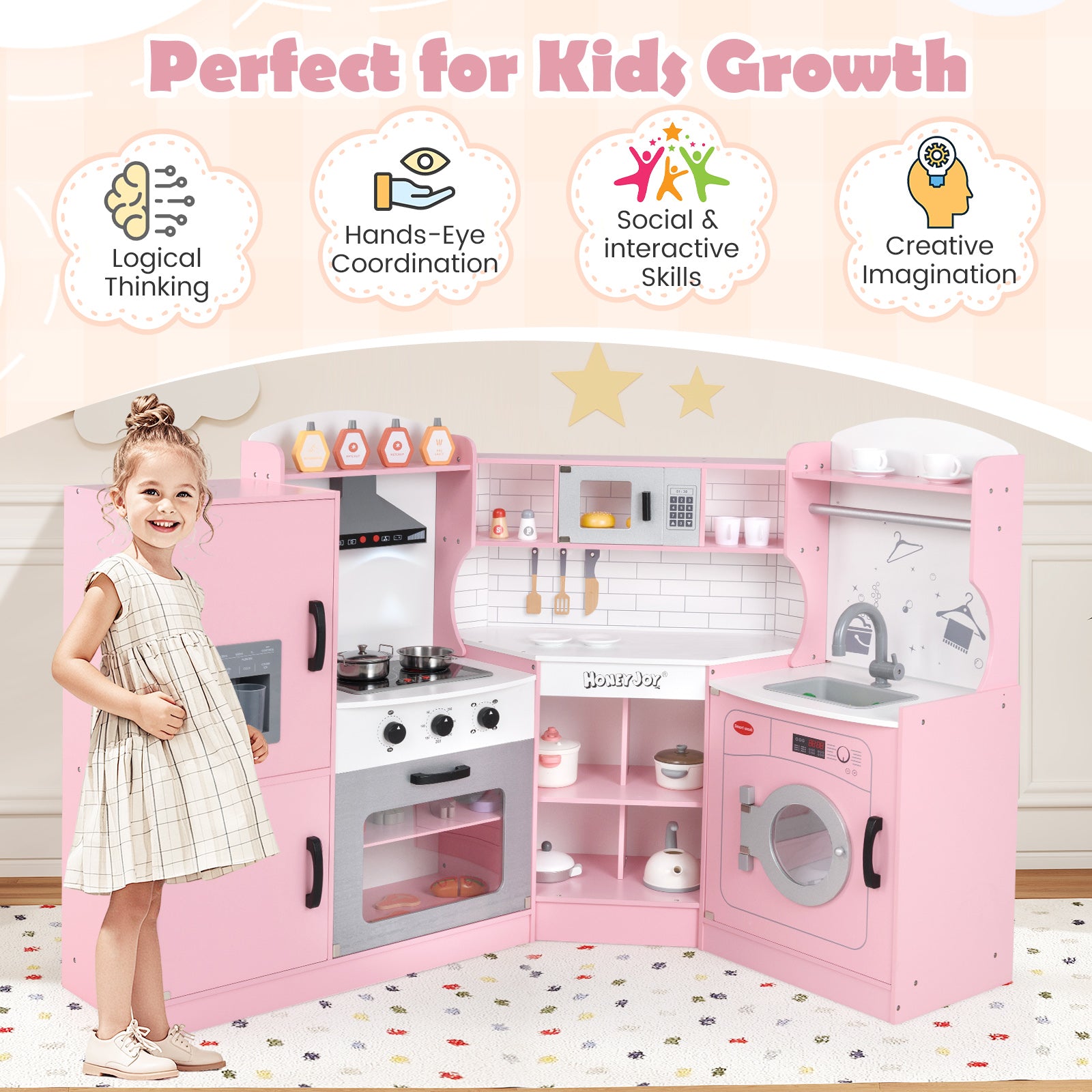 Corner Kids Play Kitchen with Washing Machine and Ice Maker Gift for Boys Girls, Pink Play Kitchen Sets at Gallery Canada