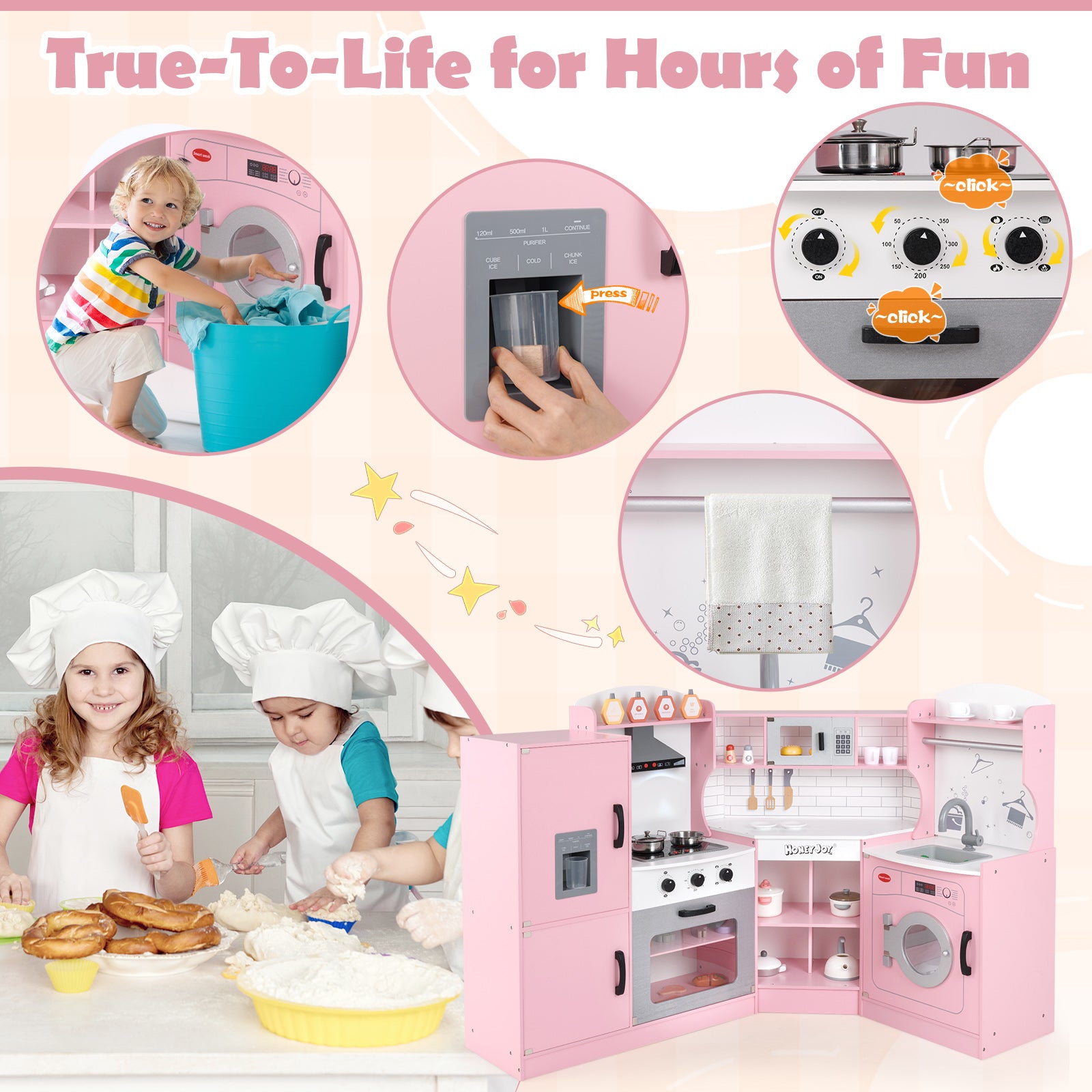 Corner Kids Play Kitchen with Washing Machine and Ice Maker Gift for Boys Girls, Pink Play Kitchen Sets at Gallery Canada