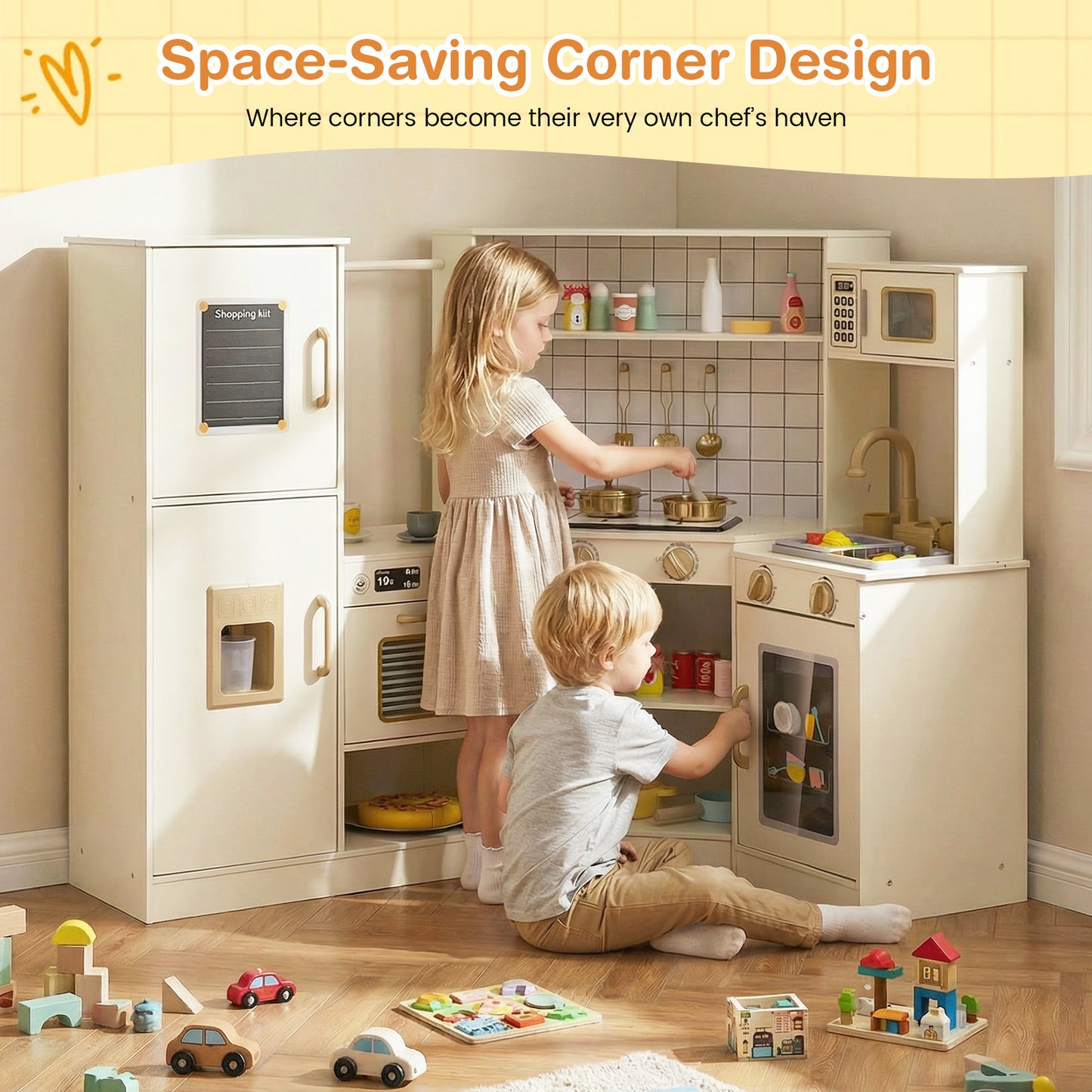 Corner Kids Play Kitchen with Stoves with Lights and Sounds, Beige
