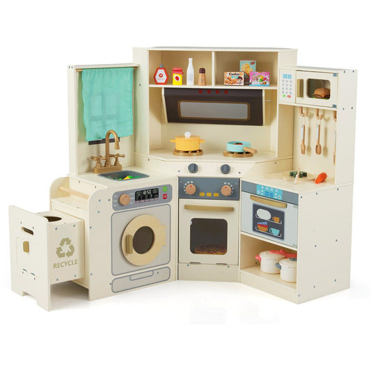 Corner Kitchen Toys with Lights and Sounds with Pull-out Trash Can and Stoves, Off White Play Kitchen Sets Off White at Gallery Canada