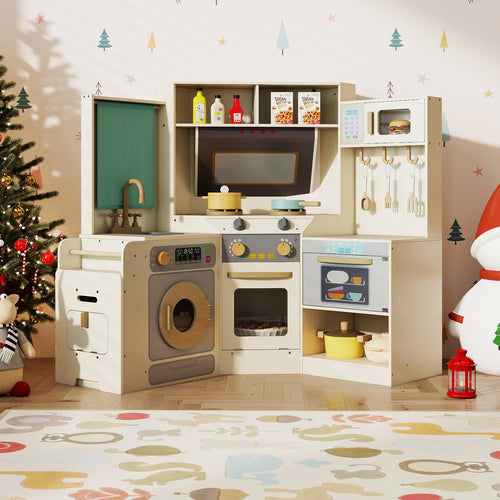 Corner Kitchen Toys With Lights, Sounds, Pull-Out Trash Can, Stoves, Off White