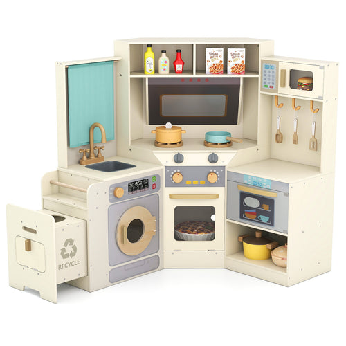 Corner Kitchen Toys With Lights, Sounds, Pull-Out Trash Can, Stoves, Off White