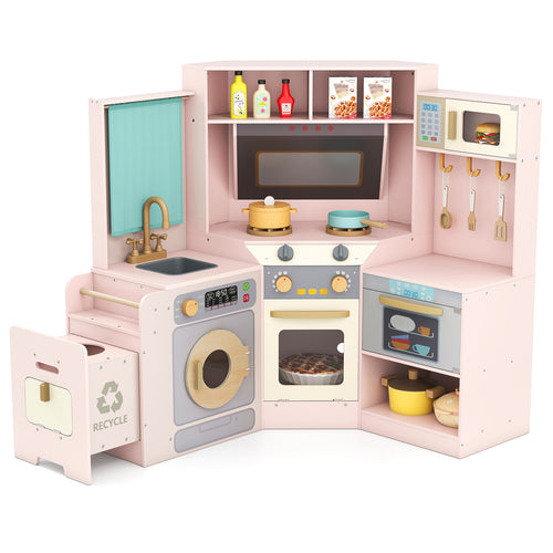 Corner Kitchen Toys With Lights, Sounds, Pull-Out Trash Can, Pink