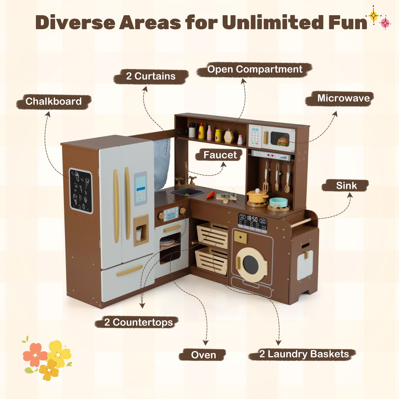 Corner Play Kitchen with Lights and Sounds for Ages 3+, Brown Play Kitchen Sets at Gallery Canada