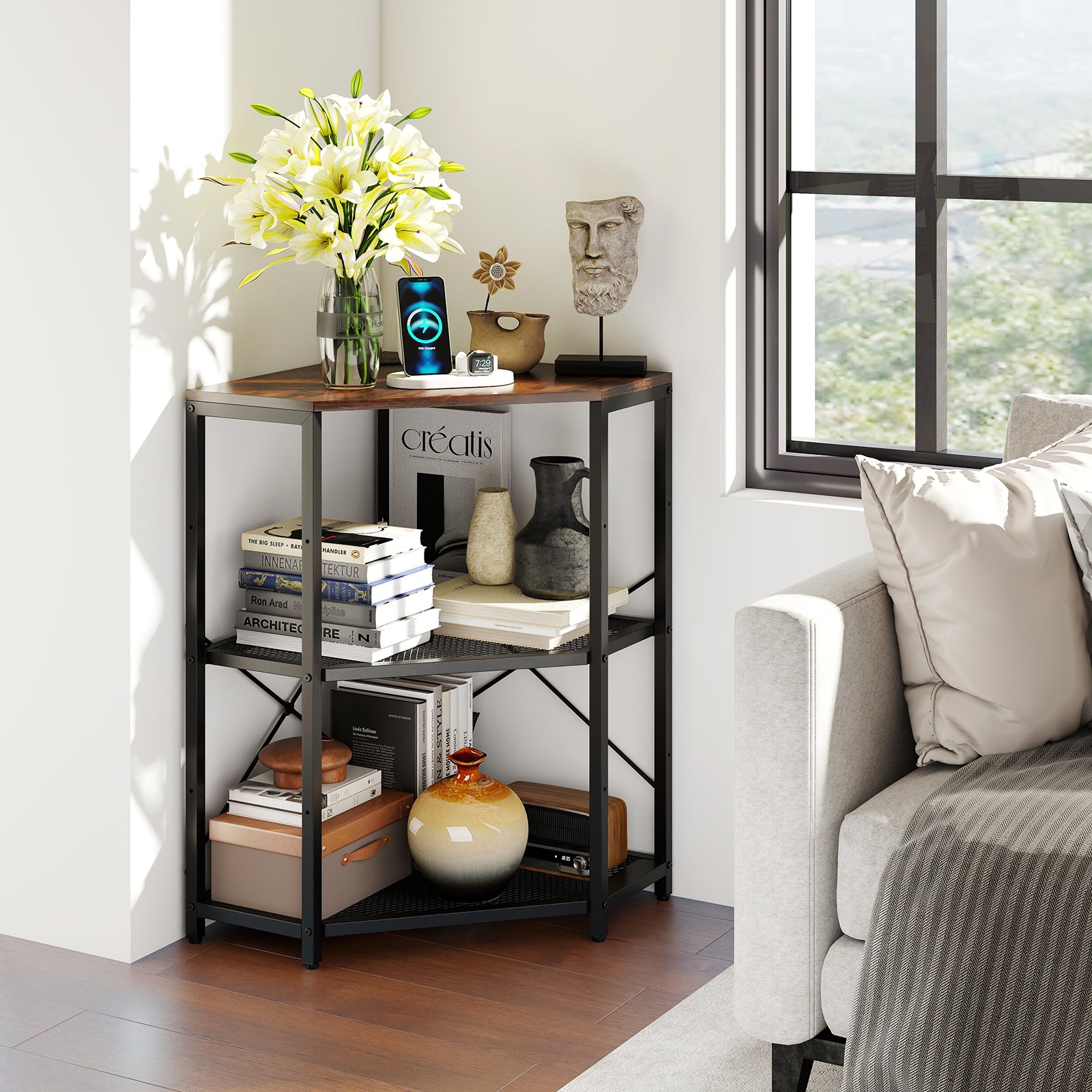Corner Printer Stand with Power Outlet 3-Tier Storage Rack with Adjustable Shelf, Rustic Brown Laptop Tables & Printer Stands at Gallery Canada