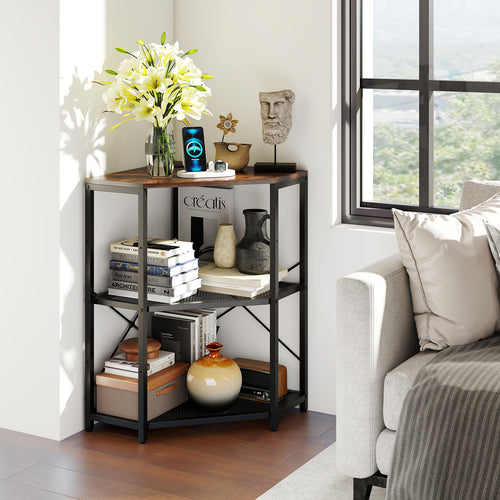 Corner Printer Stand with Power Outlet 3-Tier Storage Rack with Adjustable Shelf, Rustic Brown