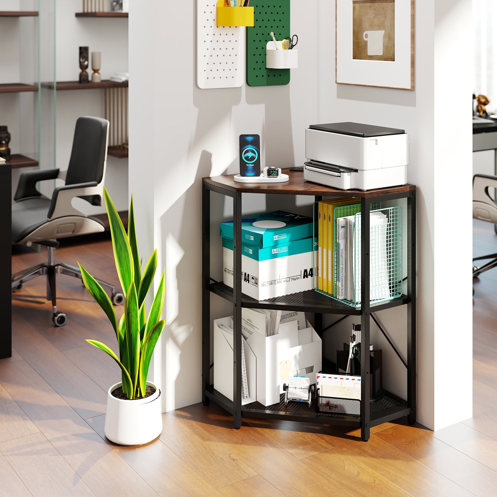 Corner Printer Stand with Power Outlet 3-Tier Storage Rack with Adjustable Shelf, Rustic Brown Laptop Tables & Printer Stands at Gallery Canada