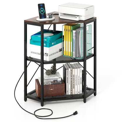 Corner Printer Stand with Power Outlet 3-Tier Storage Rack with Adjustable Shelf, Rustic Brown Laptop Tables & Printer Stands at Gallery Canada