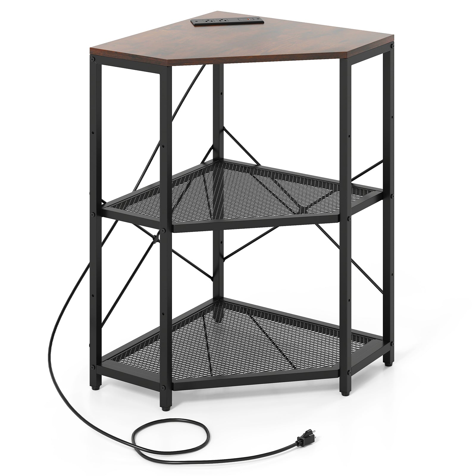 Corner Printer Stand with Power Outlet 3-Tier Storage Rack with Adjustable Shelf, Rustic Brown Laptop Tables & Printer Stands at Gallery Canada